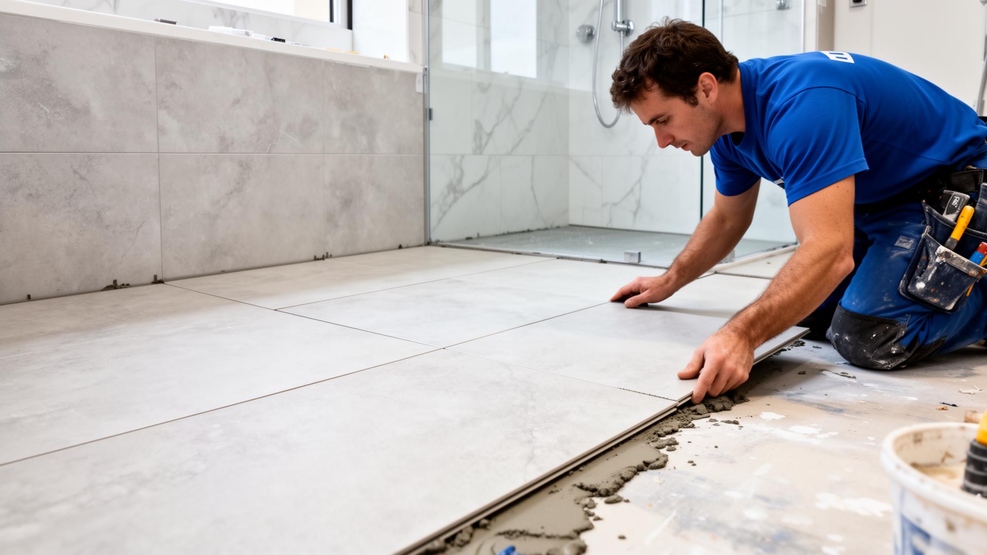 Professional tiler installing large format porcelain tiles in a modern Sydney bathroom